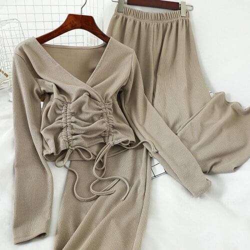 Two-Piece Net Red Fashion Knitting Suit Temperment Drawstring Slimming Short Shirt Casual Wide Leg Trousers Two-Piece Set