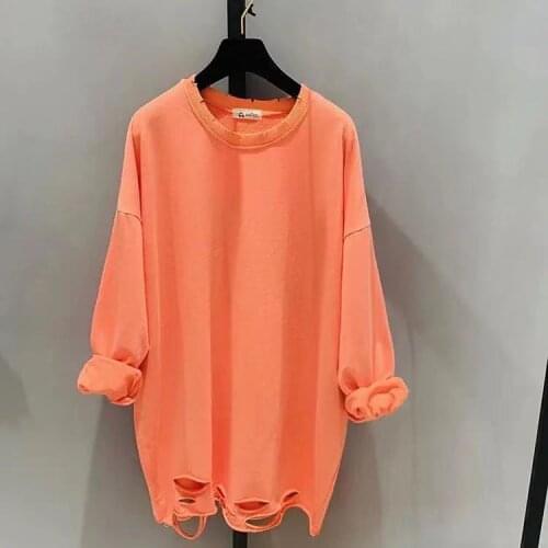 New Fashion Big Large Plus Size Casual Autumn Clothes Tops Women Long Sleeve Hoodies For Teen Girls Lady Long Hole Hoody Sweater