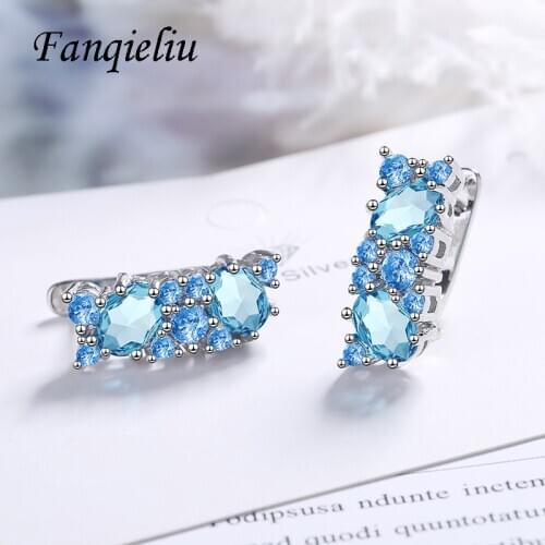 Fanqieliu Blue Crystal Jewelry Hoops Fashion Solid 925 Sterling Silver Earrings For Women FQL20506