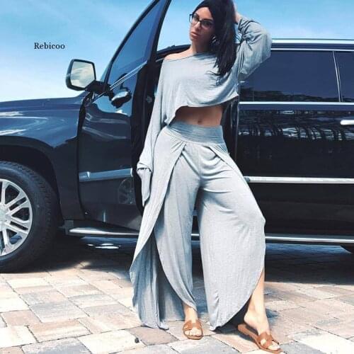Women 2 Pieces Set One Shoulder Long Sleeve Crop Sweatshirt Top and High Split Wide Leg Pant Casual Tracksuit Two Piece Outfits