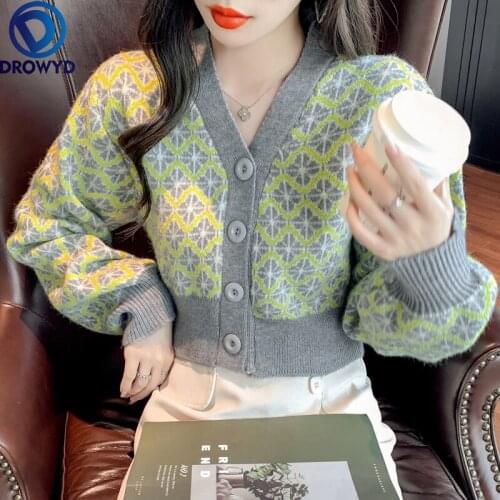 Button Loose Fashion Temperament Color Matching Rhombus Short V-neck Knitted Cardigan Jacket Women 2021 Single-breasted Jacket