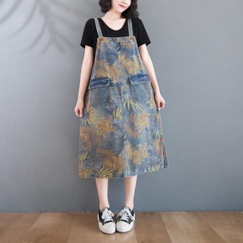 Spring Summer Fashion Botanical Flower Floral Denim Dress Loose Strap Jeans Camisole Tank Sundress Double Pocket Female Vestidos