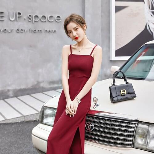 Red Dress Women Spaghetti Strap Dress Sexy Split Solid Slim Lady Below the knee Fashion Vacation Vintage Wear Dresses summer
