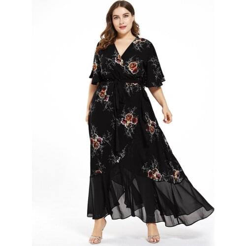 Women Summer Dress Plus Size 4XL 5XL Female V Neck Short Sleeve Floral Print Ruffles Boho Beach Dress Maxi Long Wrap Dresses