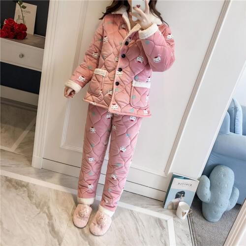 Winter warm pajamas ladies pajamas thick three-layer quilted pajamas warm long-sleeved trousers can be worn women robe