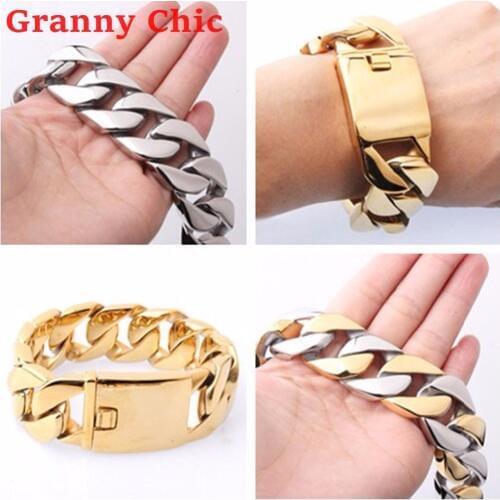 Granny Heavy Thick Silver Gold color Round Curb Cuban Cool Mens Boys Link Chain 316L Stainless Steel Bracelet Bangle
