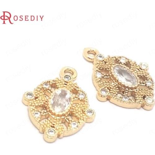 39787)10PCS 12x16MM 24K Champagne Gold Color Brass and Zircon Oval Shape Necklaces Charms Pendants Jewelry Making Supplies