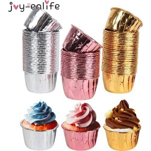50pcs Aluminum Foil Muffin Cupcake Paper Cups Birthday Cake Decoration Baking Cup Case Tray Wedding Party Home Cake Mold tools