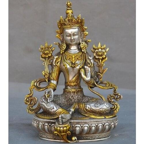 8" Tibet Buddhism Temple silver Gilt Green Tara Chenrezig Kwan-Yin Buddha statue