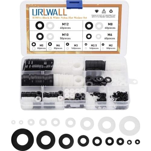 870PCS White&Black Nylon Flat Washer Assortment Kit Ring Washers Sealing Washers, Nylon Spacer Round Insulation Flat Washer