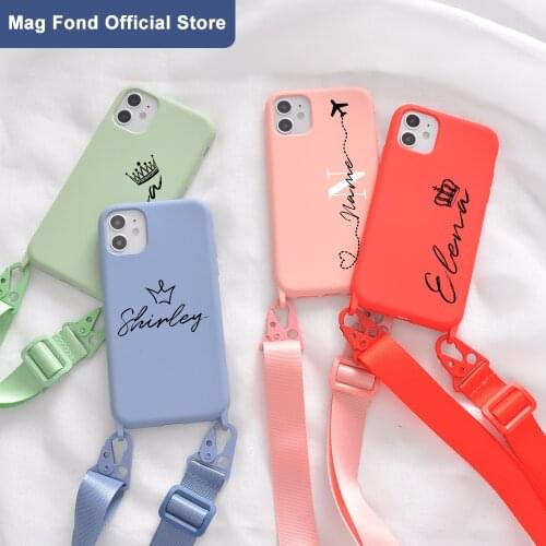 Custom Name Cute Crown Phone Cases For iPhone 12 11 Pro 7 8 Plus X XR XS Max With Rope Portable Liquid Silicone Cover Best Gift