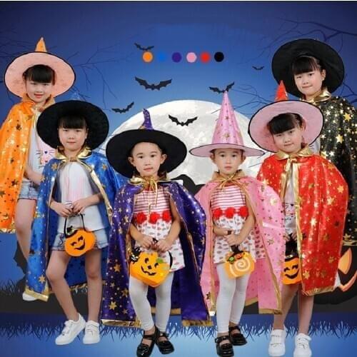 Halloween Childrens Costume Kindergarten Show Party Male Magician Witch Cape& Hat Set Girls