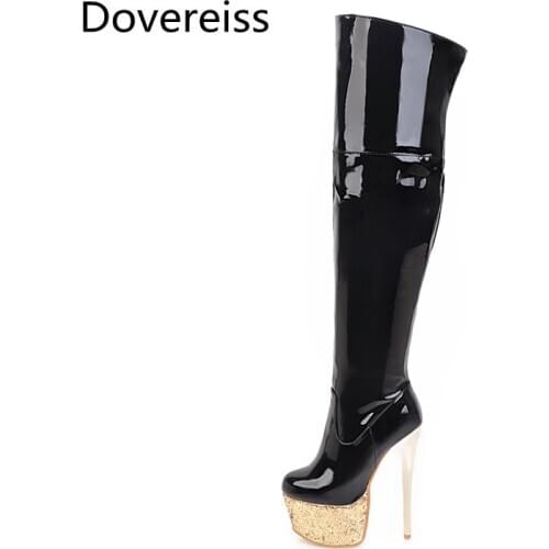 Dovereiss Fashion Winter sexy Pointed Toe white Over the knee boots clear heels boots gold platform boots Stilettos Heels 33-48