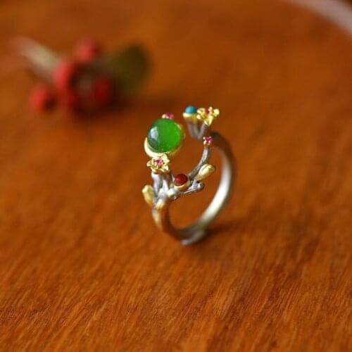 S925 Sterling Silver Inlaid Ancient Gold Craft Natural Hetian Jade Green Jade Ring Art Flower Branch Open Index Finger Ring