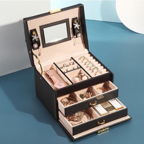 Leather Jewelry Box with Lock and Mirror Necklace Ring Storage Organizer Travel Jewelry Organizer Gift Case for Women