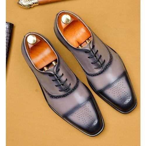 Leather Grey Brogue Business Wedding Shoes Men Casual Flats Shoes Vintage Handmade Oxford Formal Men Shoe