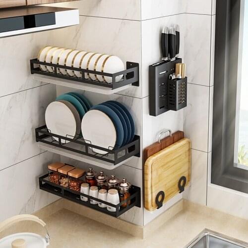 Stainless Steel Kitchen Rack Wall-Mounted Dish Rack Dish Rack Free Perforated Seasoning Rack Knife Rack Pot Cover Rack