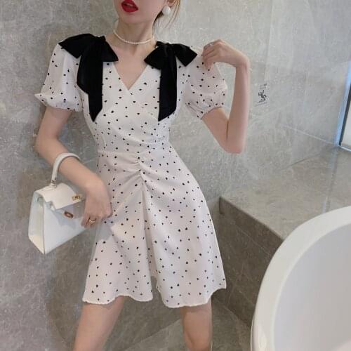 Summer Dress for Women Loving Heart Print V-neck Puff Sleeve with Bow Short Sleeve Mini Dresses Office Wear Vestido De Mujer