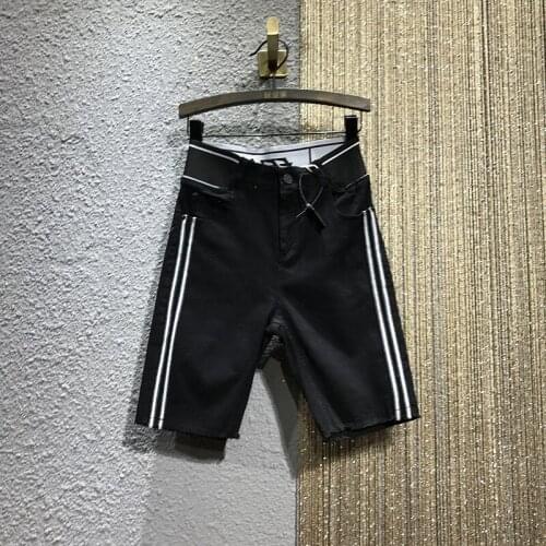 Summer Women Knee Length Side Striped Denim Shorts Elastic Waist Tassels Casual Bermuda Jeans Streetwear Stretchy Slim Fit Short