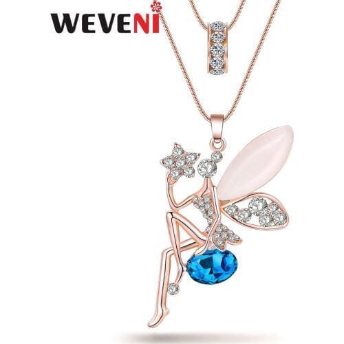 WEVENI Statement Angel Fairy Necklace Crystal Figure Cat Eye Pendant Chain Collar New Fashion Accessories Jewelry For Women