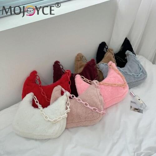 Fashion Women Soft Plush Shoulder Underarm Hobos Bag Autumn Winter Solid Color Acrylic Chain Handbags Portable Travel Zip Purse