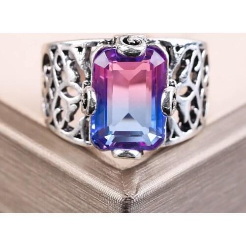 Fashion Purple Gradient Crystal Stone Rings for Women Silver Color Hollow Wide Finger Ring Summer Boho Party Jewelry Gift
