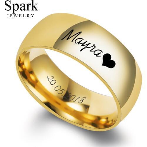 Spark 316L Titanium Steel Personalize Engrave Lovers Couple Rings for Men Women 8mm Steel Gold Customized Wedding Ring Jewelry