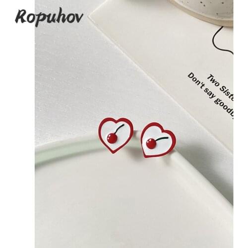 ROPUHOV 2021 New Korean ZA Trendy S925 Silver Needle Cute Little Cherry Love Earrings Sweet Girl Soft New Fashion Earrings