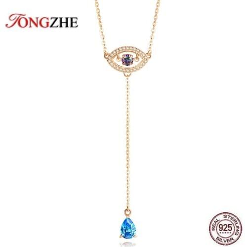 TONGZHE Evil Eye Necklace 925 Sterling Silver Necklace Women Water Drop Pendant Blue Zircon Long Chain Hip Hop Jewelry