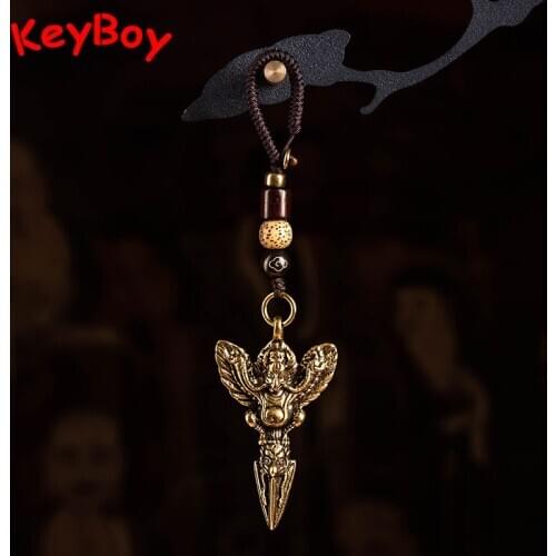 Vajra Pestle Pendant Brass Car Keychain Pendant Vintage Motorcycle Keyring Lanyard Hanging Jewelry Handmade Woven Rope with Bead