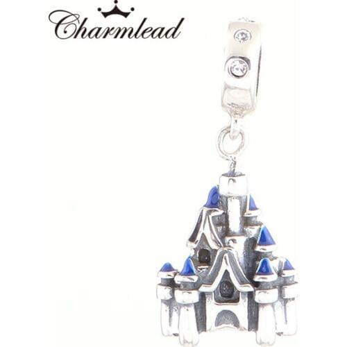 Blue Enamel Castle Silver Charm 925 Sterling Silver Charms Pendant Bead for Women Bracelets DIY fit original bracelet charms