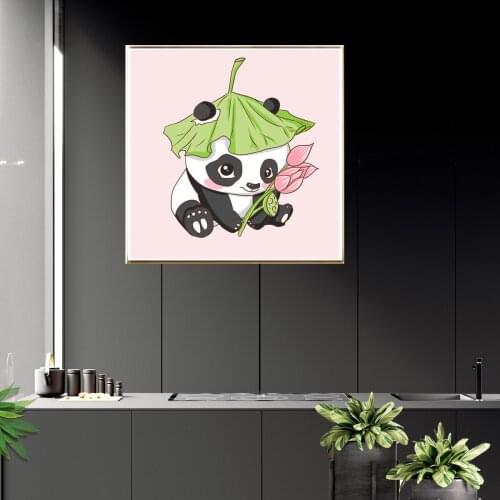 Cute Cartoon Panda Playing with Lotus and Lotus Leaf Poster Canvas Print Painting Wall Art Living Room Home Decoration