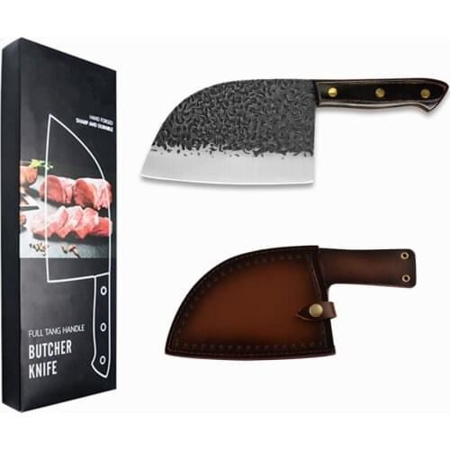 Damask 7'' inch High Carbon Steel Butcher Cleaver Forged Kitchen Knife Bone Cutter Chinese Slicer With Leather Cover Gift Box