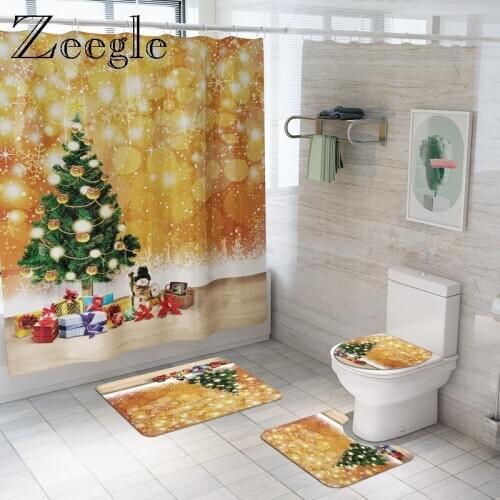 Zeegle Christmas Bathroom Curtain Anti Slip Bath Mat Set Waterproof Shower Curtain Absorbent Decor Bathroom Cover Toilet Seat