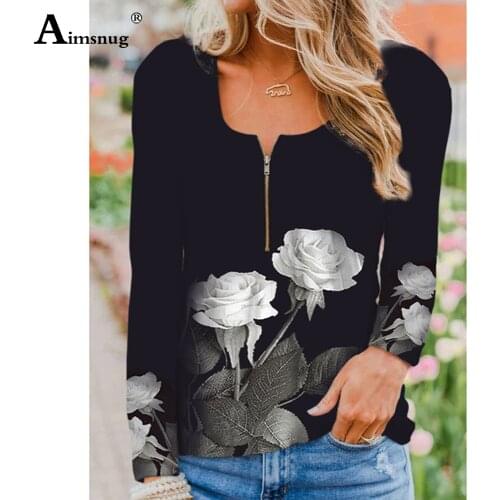Plus Size 4xl 5xl Women Bohemian Flower Print T shirts Long Sleeve Tops Ladies Fashion Zipper Tees Shirts Female Casual Shirts