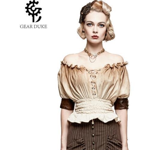 Brown Lace Up Ruffles Slash Neck Short Sleeve Elastic Slim Waist Vintage Shirts Women Steampunk Clothing Victorian Gothic Blouse