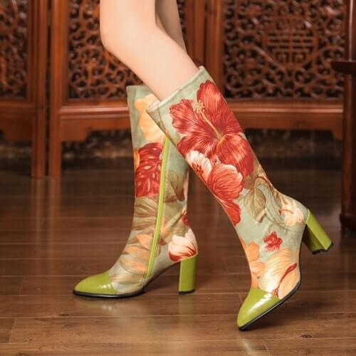 US4-11 Womens Pointy Toe Floral Printed Match Colors Mid Calf Boots Block High Heel Genuine Leather Shoes Plus Size 2021