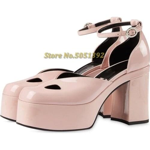 Block Heel Platform Women Shoes Round Toe Cut Out Pink Black Leather Dress Women Shoes Ankle Buckle Dress Women Sandals