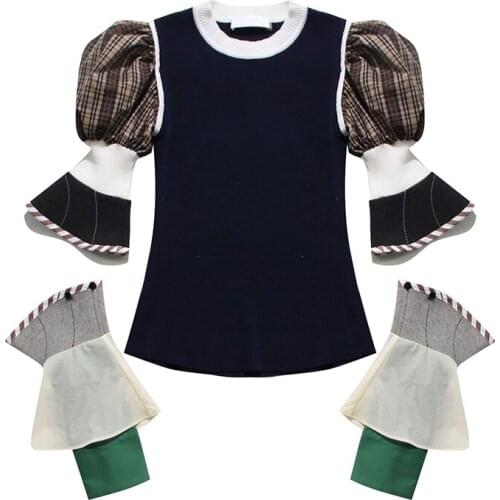 2021 New Puff Sleeve Plaid For Female Sweater O Neck Patchwork Long Sleeve High Waist Slimming Womens Sweater Fashion New Tide