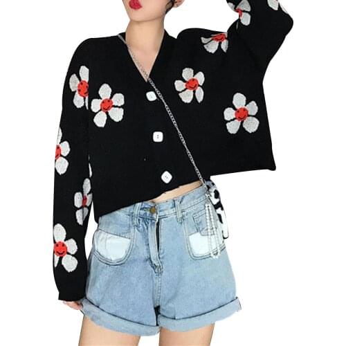 Autumn Womens Knitted Cardigan Floral Single-breasted Long Sleeve Knitwear V-neck Loose Ladies Casual Sweater Jacket Coat