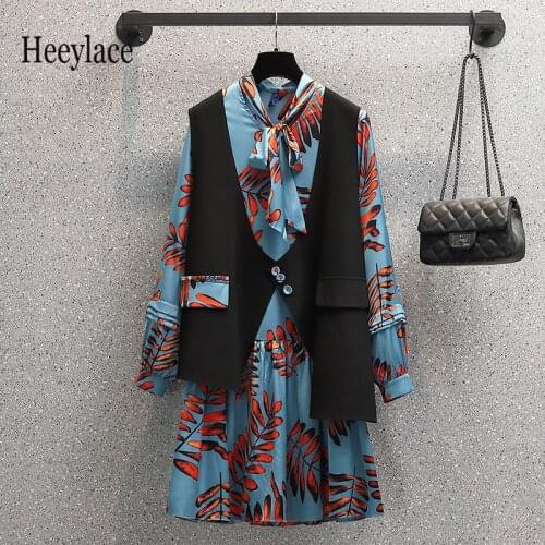 Plus Size Dress Suit Office Ladies Autumn Vintage Print Bow Collar Dresses And Sleeveless Vest Suits Korean Casual Two Piece Set