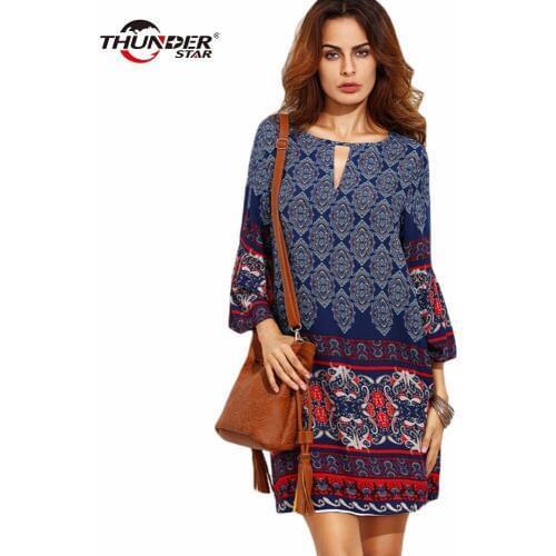 Women Boho Dress Ladies Vintage Ethnic Retro Dresses Multicolor Tribal Print Cut Out Three Quarter Sleeve Short Dress LX5