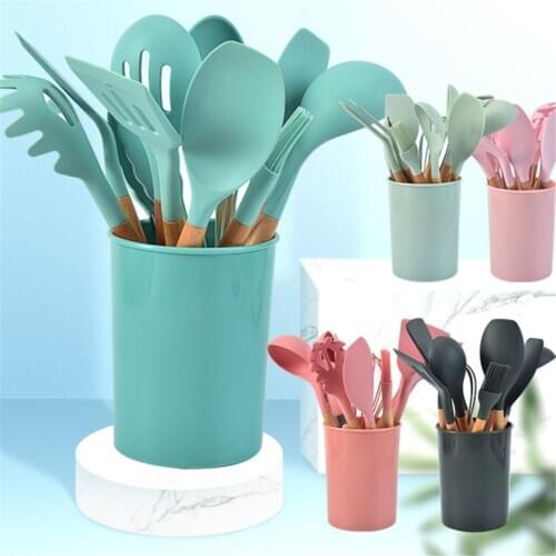 12 Pcs Silicone Cooking Utensils Set Non-stick Spatula Shovel Wooden Handle Cooking Tools Set Kitchen Tools Accessories