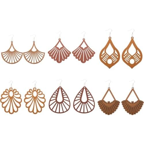6 Pairs Good Quality Wood Earrings Organic brown Hollow African Woman Wooden Brincos