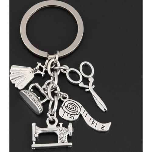 New Sewing Machine Keychain Tailor Key Ring Iron Tape Measure Scissors Dress Key Chain Womens Gift DIY Jewelry Handmade