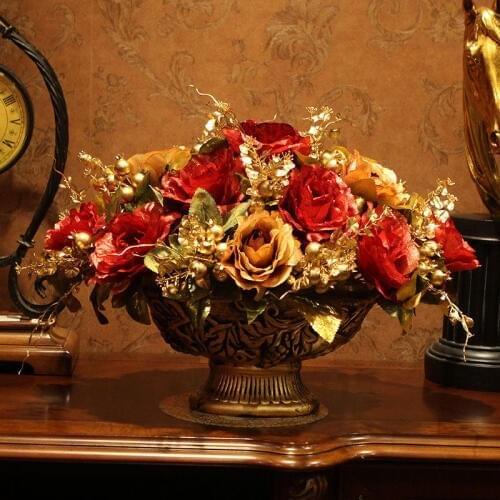 European Ceramic Vase+Artificial Flower Set Decor Home Furnishing Decoration Crafts Desktop Rose Flower Vase Arrangement