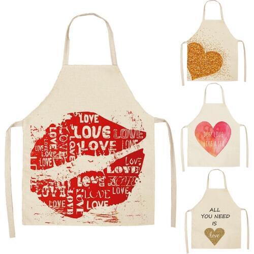 Heart Pattern Apron Simple Pink Gold Cotton Linen Aprons Red Lips Pattern Home Cooking Baking Coffee Shop Cleaning Apron Kitchen