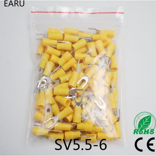 SV5.5-6 Yellow Furcate terminals Cable Wire Connector 100PCS 16~14AWG Yellow Furcate Fork Spade Crimp Terminals SV5-6 SV