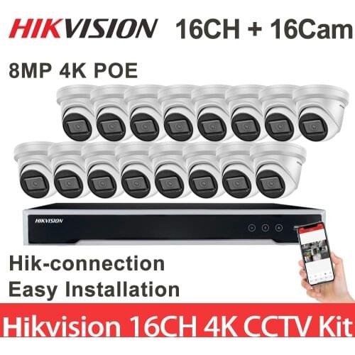 Hikvision 8MP POE CCTV Security 4K IP Camera DS-2CD2385G1-I Video Surveillance Kit 16CH 4K DS-7616NI-K2/16P APP Easy install