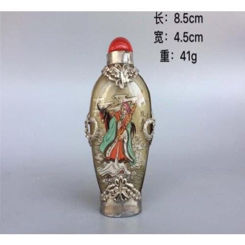 Chinese old beijing glass built-in painting snuff bottle Tibetan silver mosaic glass Characters pattern zhangguolao
